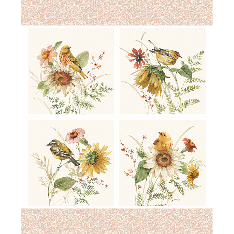 A cream and pink panel with four blocks of warblers resting on sunflower stems.