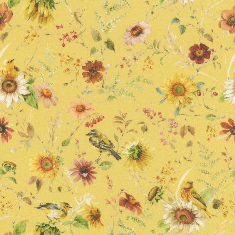 An extra-wide yellow fabric with warblers perched on flower stems.