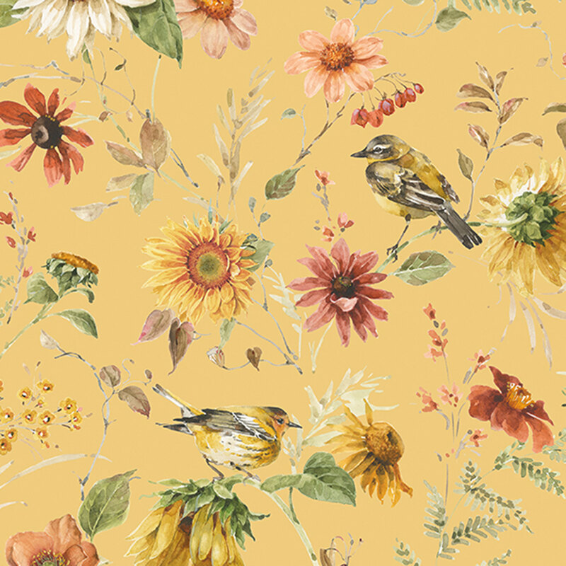 An extra-wide yellow fabric with warblers perched on flower stems.