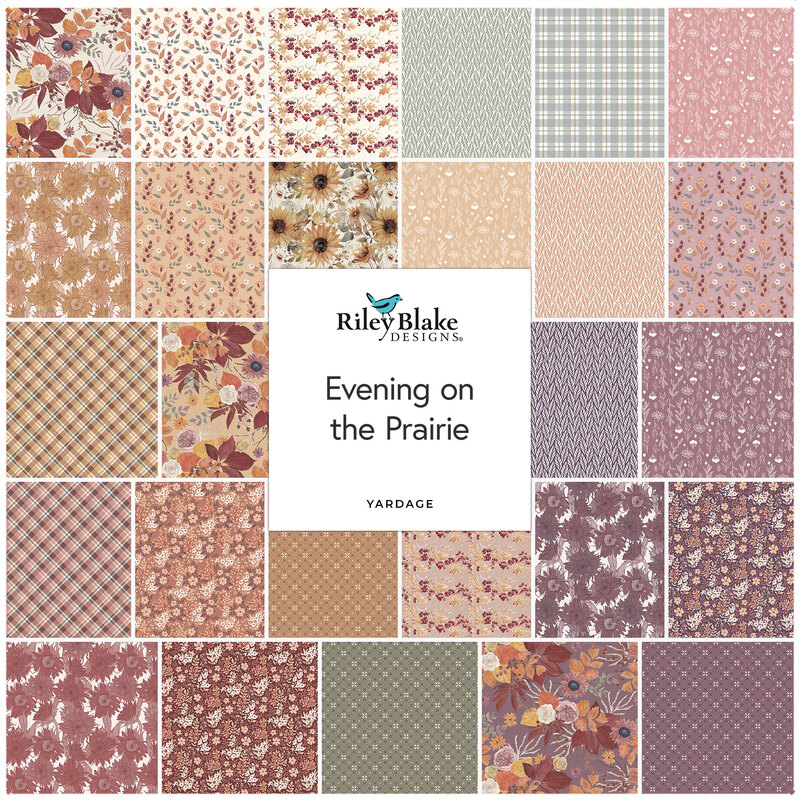 A grid of 27 fabric patterns in muted colors, featuring florals and geometric designs, titled Evening on the Prairie.