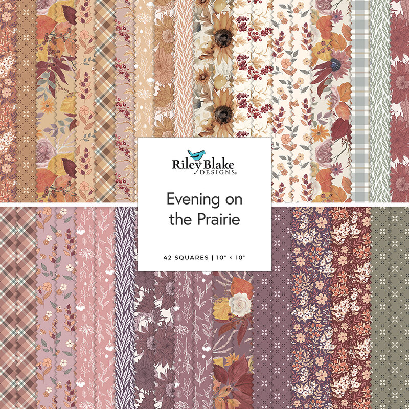 A patchwork design featuring 42 printed fabric squares in warm tones, floral and plaid patterns.