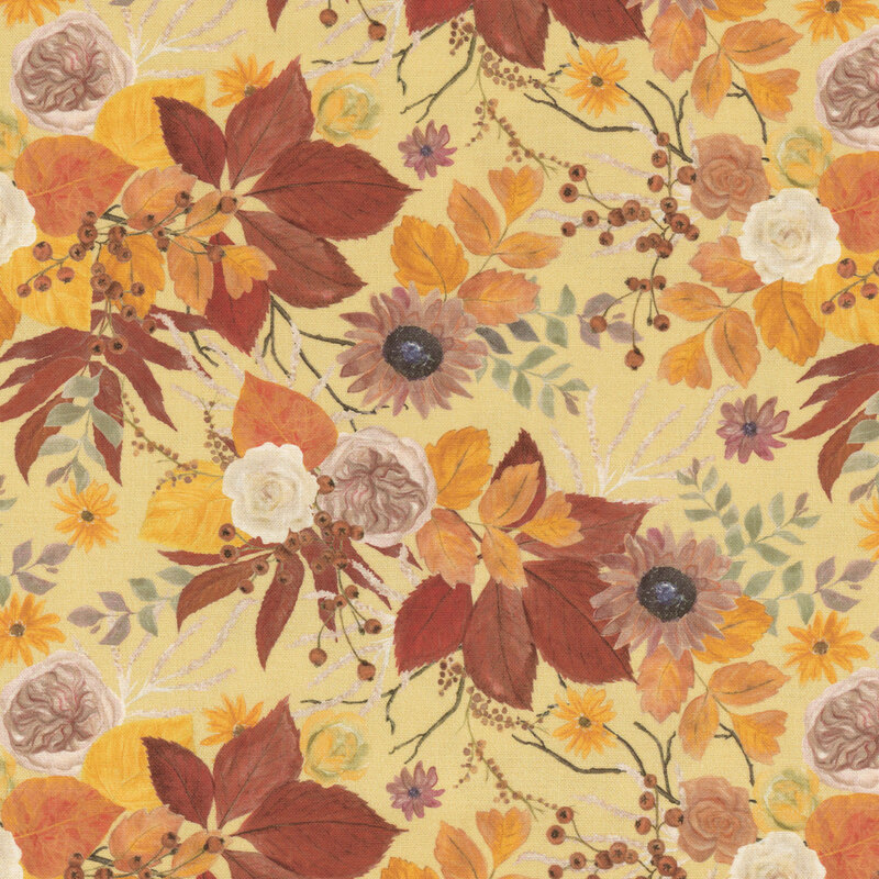 A floral pattern featuring various leaves and flowers in warm autumn colors on a beige background.