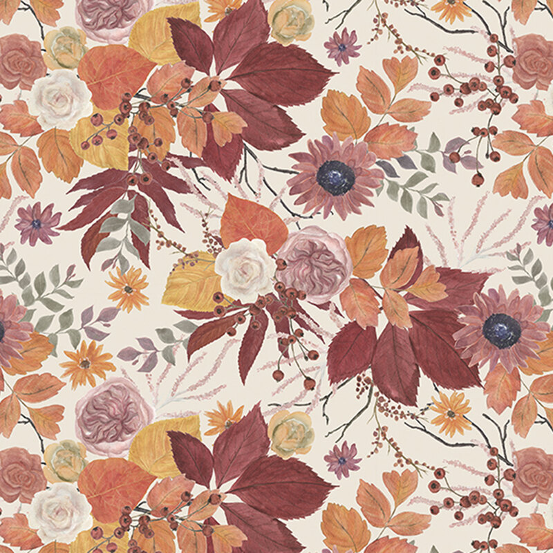 Seamless floral pattern featuring roses, sunflowers, and autumn leaves in warm colors on a light background.