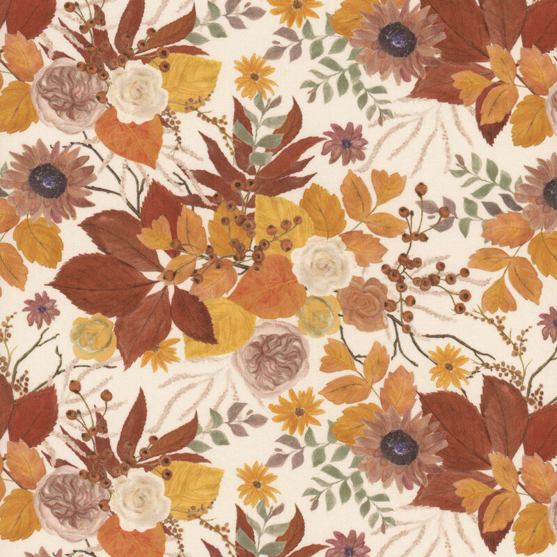 Seamless floral pattern featuring roses, sunflowers, and autumn leaves in warm colors on a light background.
