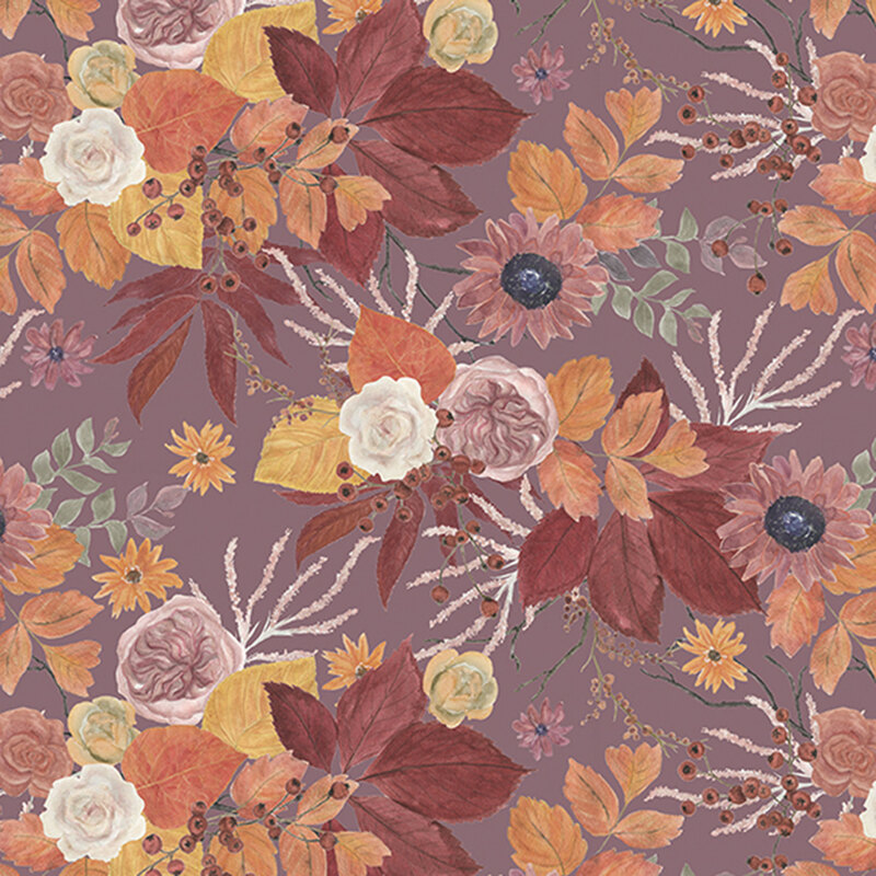 Floral pattern featuring roses, sunflowers, and autumn leaves on a mauve background.