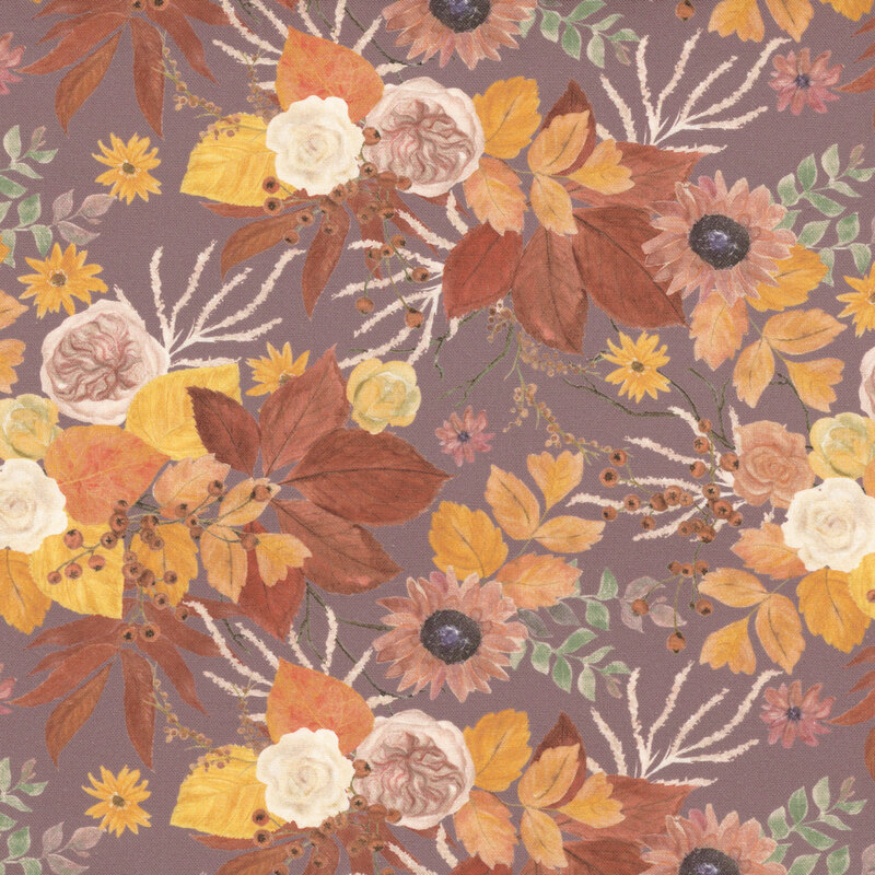 Floral pattern featuring roses, sunflowers, and autumn leaves on a mauve background.