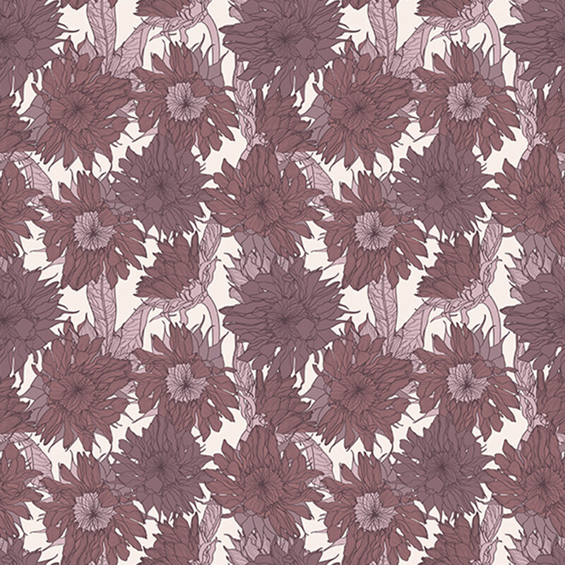 Seamless floral pattern featuring large, purple-toned flowers with green leaves on a light background.