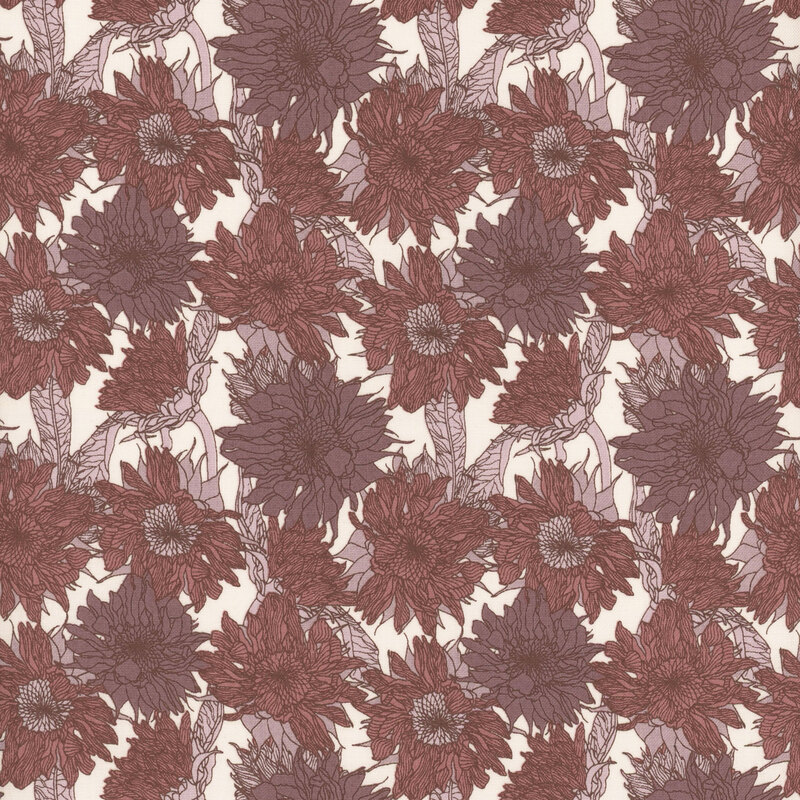 Seamless floral pattern featuring large, purple-toned flowers with green leaves on a light background.