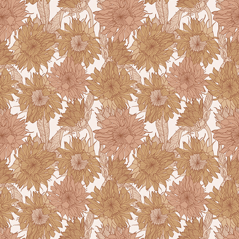 Seamless floral pattern featuring stylized sunflowers in warm, earthy tones on a light background.