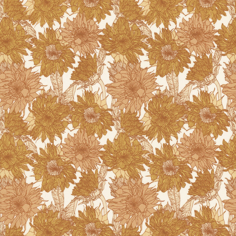 Seamless floral pattern featuring stylized sunflowers in warm, earthy tones on a light background.