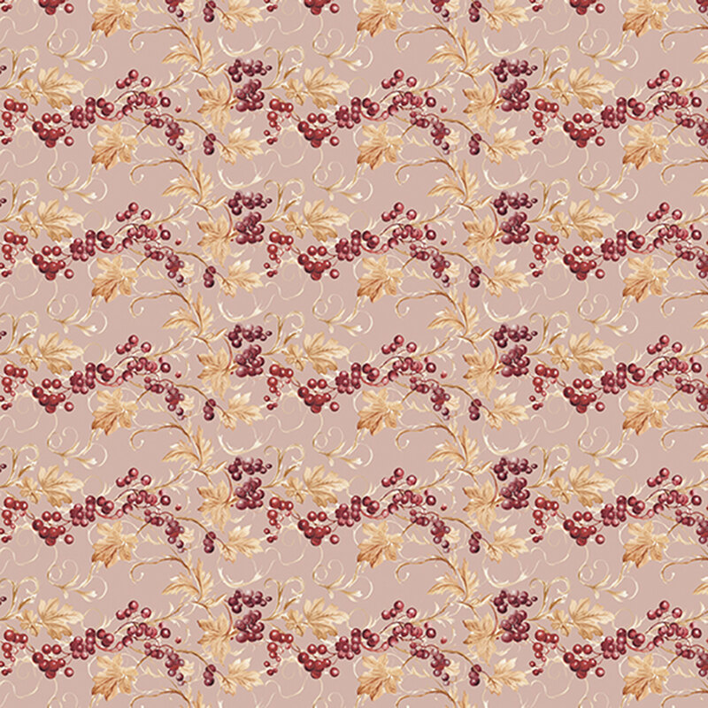 Repeating pattern of grapes and leaves on a soft pink background.