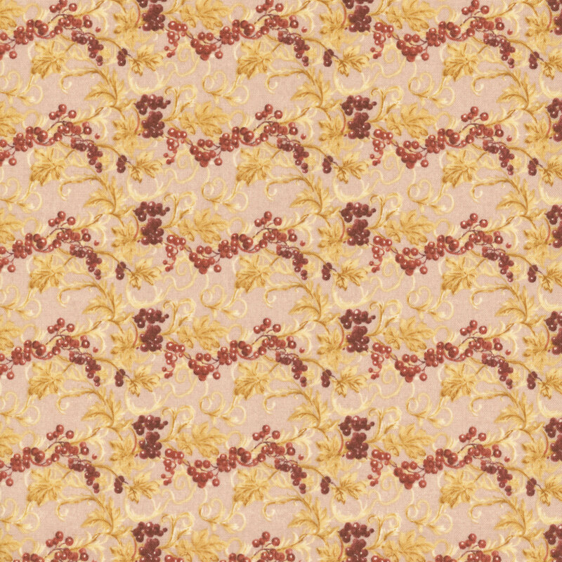 Repeating pattern of grapes and leaves on a soft rose pink background.