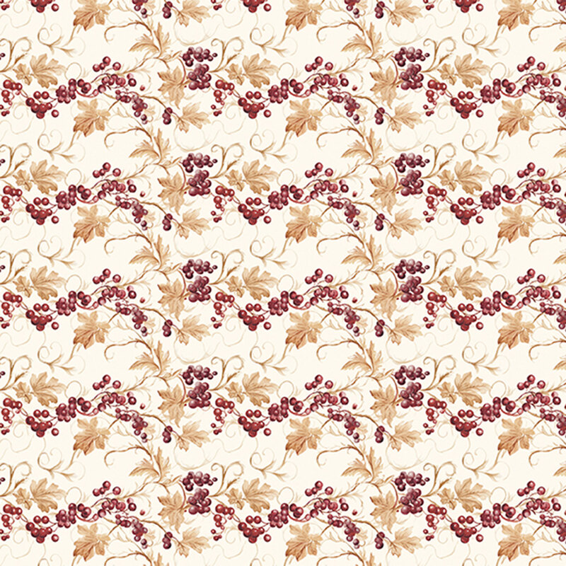 Repeating floral pattern featuring clusters of burgundy grapes and cream-colored leaves on a light background.