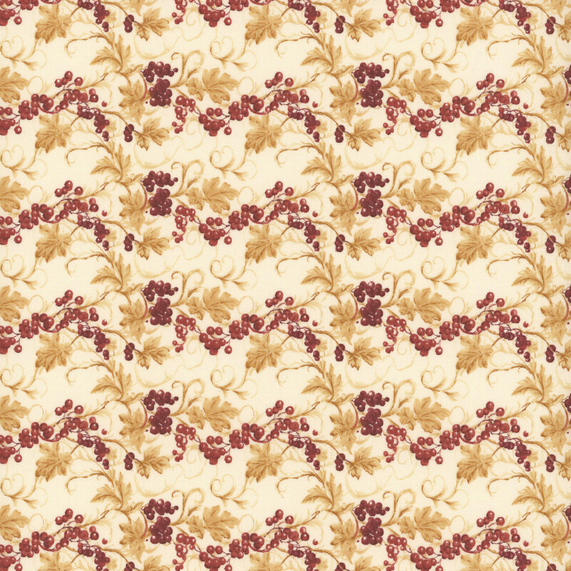 Repeating floral pattern featuring clusters of burgundy grapes and cream-colored leaves on a light background.