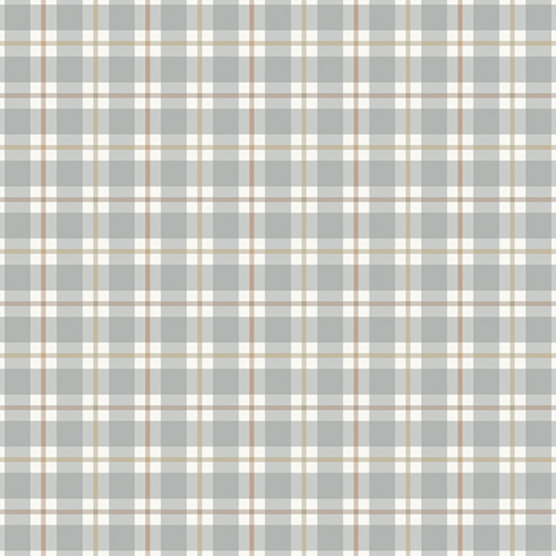 A repeating plaid pattern featuring gray, white, and light brown lines.