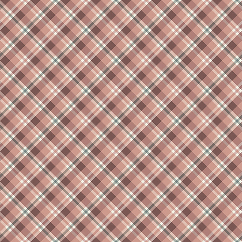 A repeated plaid pattern featuring soft brown and cream squares with green diagonal lines.