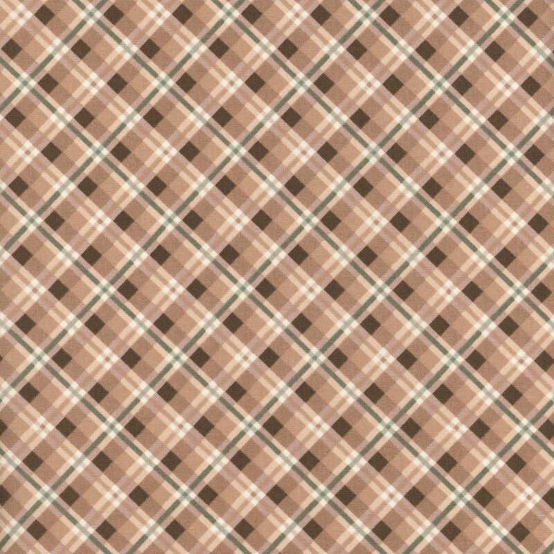 A repeated plaid pattern featuring soft brown and cream squares with green diagonal lines.