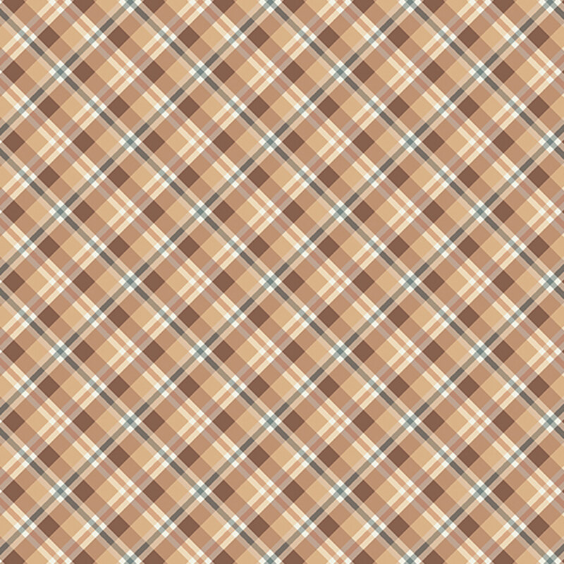 Repeating plaid pattern featuring shades of brown, cream, and subtle blue in a diagonal grid layout.