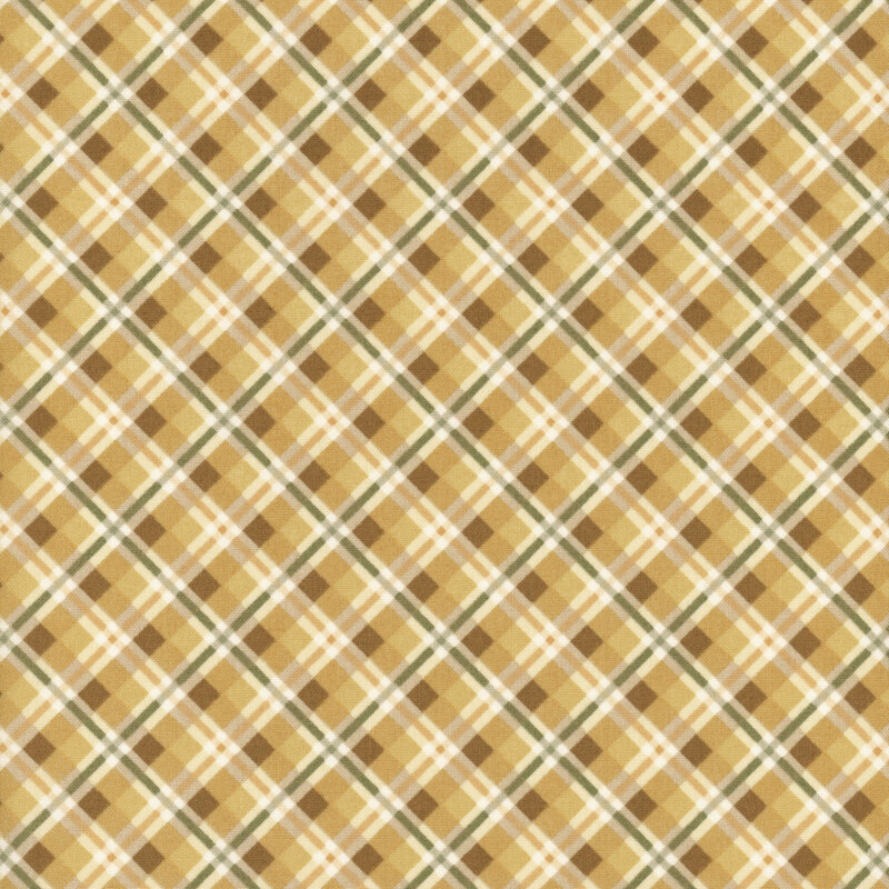 Repeating plaid pattern featuring shades of brown, cream, and subtle blue in a diagonal grid layout.