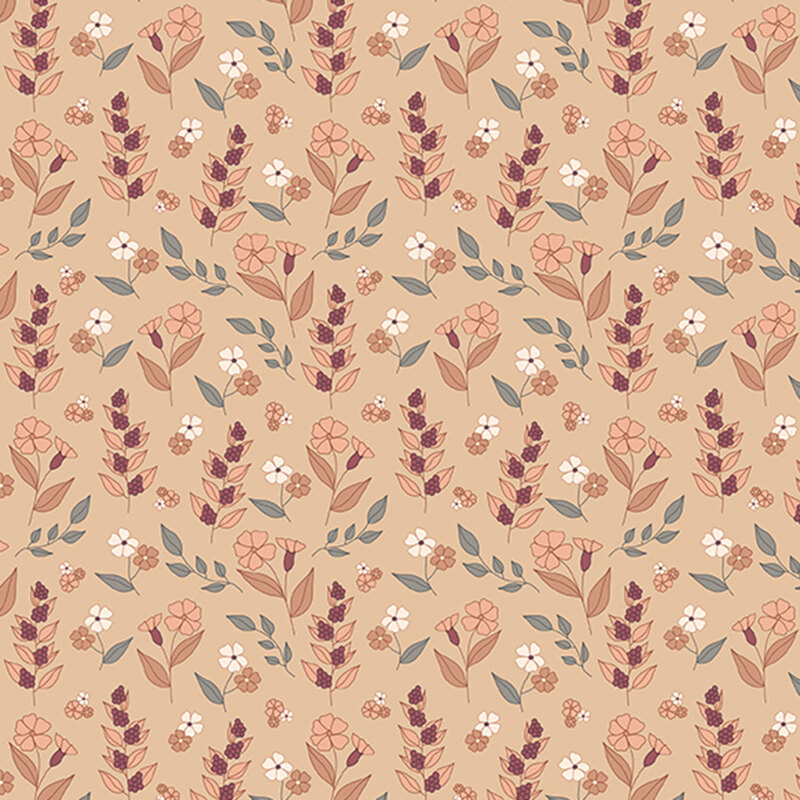 A repeating pattern of stylized flowers and leaves in warm colors on a beige background.