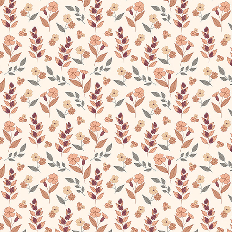 A repeating floral pattern featuring various leaves and flowers in warm tones on a light background.