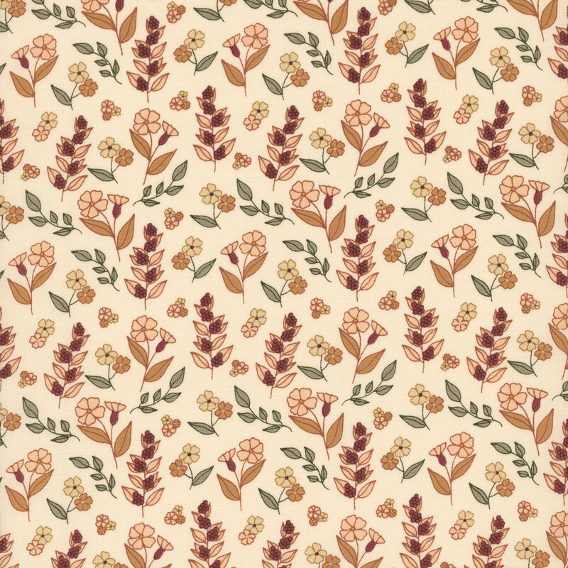 A repeating floral pattern featuring various leaves and flowers in warm tones on a light background.
