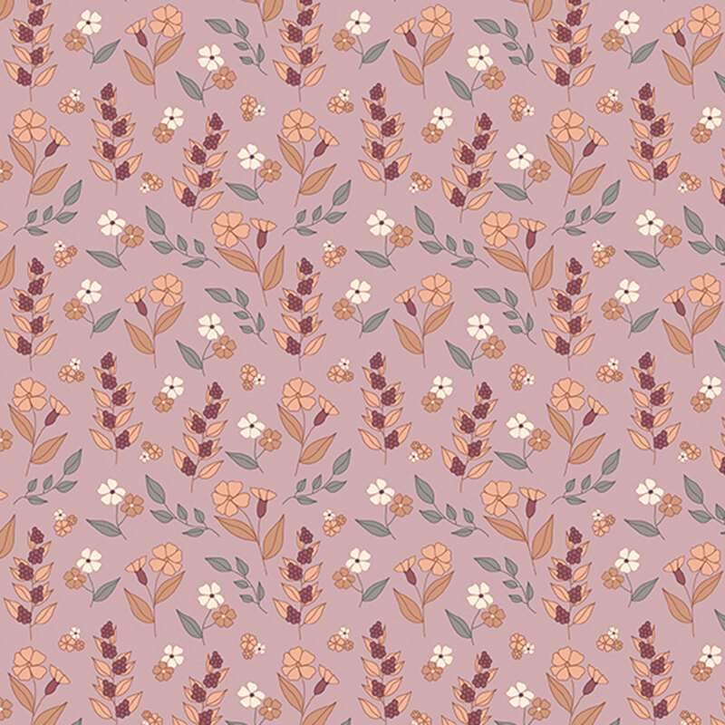 A patterned design featuring various flowers and leaves in warm colors on a soft pink background.