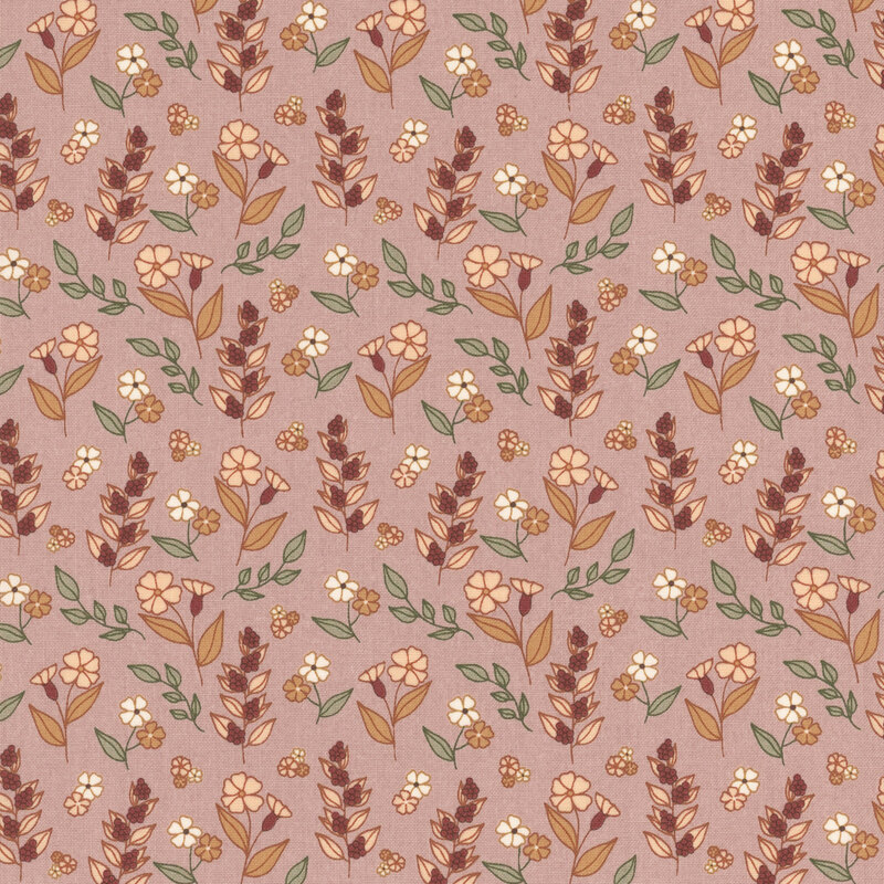 A patterned design featuring various flowers and leaves in warm colors on a soft pink background.