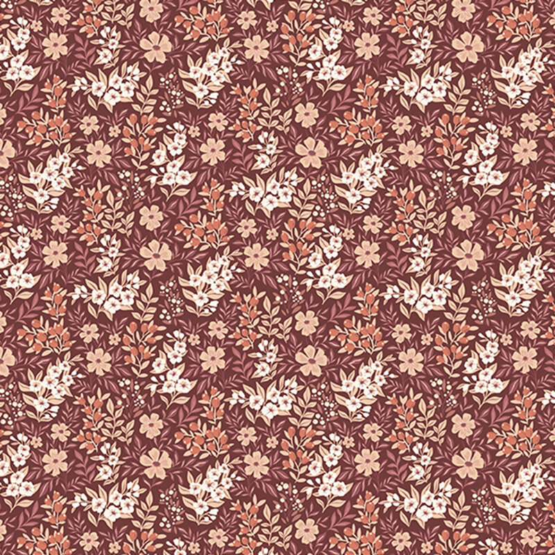 Repeating floral pattern with white and peach flowers on a deep burgundy background.