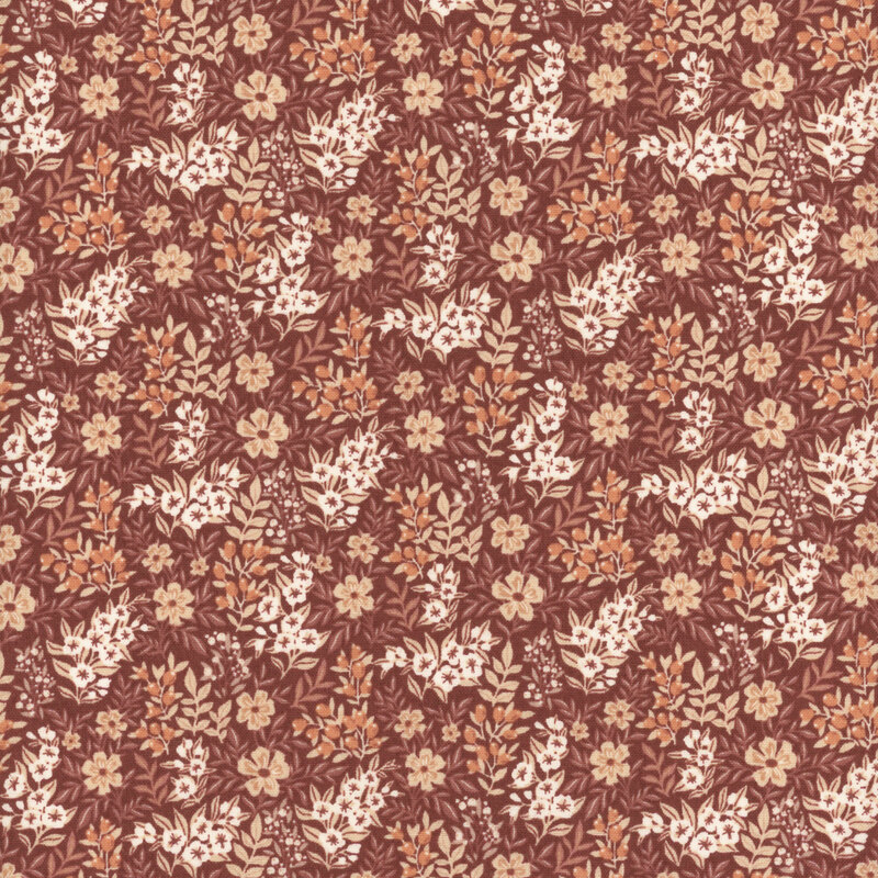 Repeating floral pattern with white and peach flowers on a deep burgundy background.