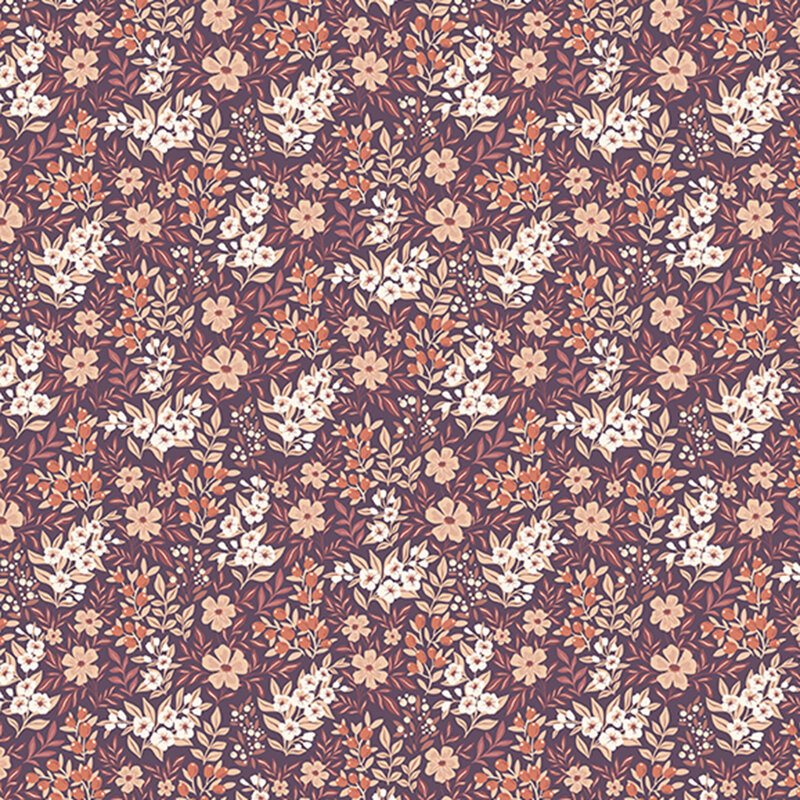 Seamless floral pattern featuring white and peach flowers on a dark purple background.