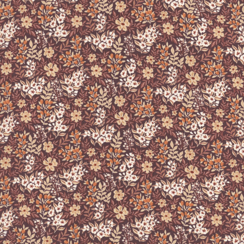 Seamless floral pattern featuring white and peach flowers on a dark purple background.