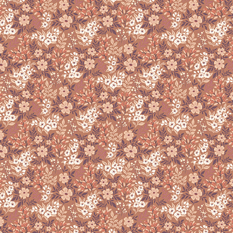 Seamless floral pattern with various flowers and leaves in soft browns, creams, and muted colors.