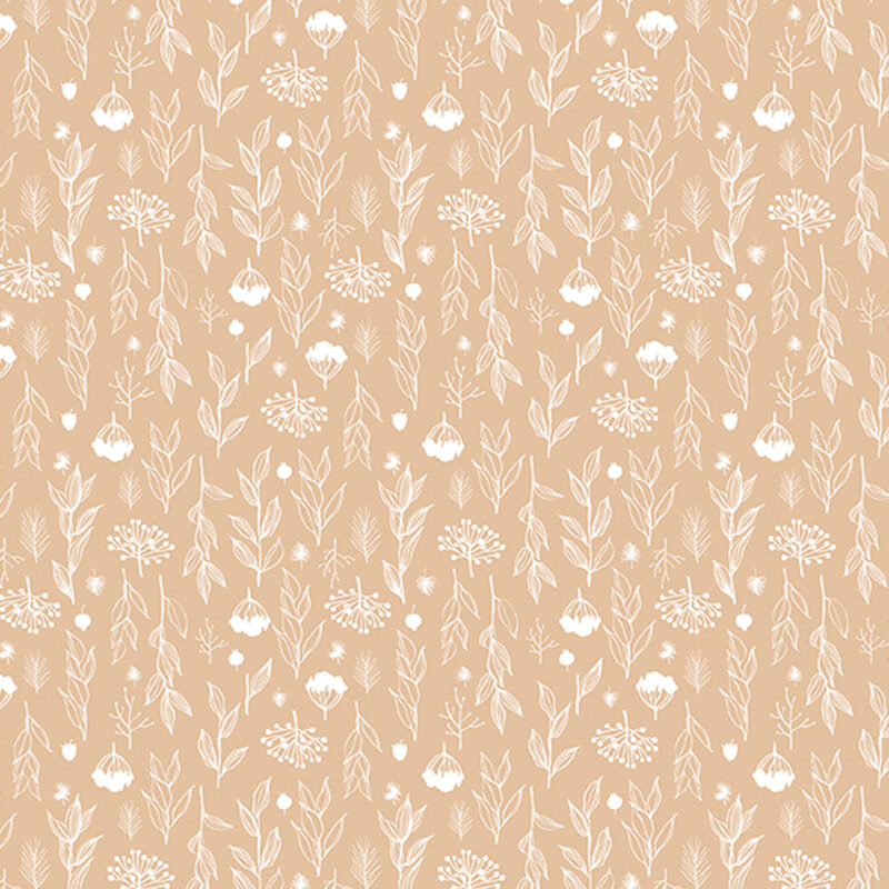 A repeating pattern of white flowers and leaves on a light brown background.