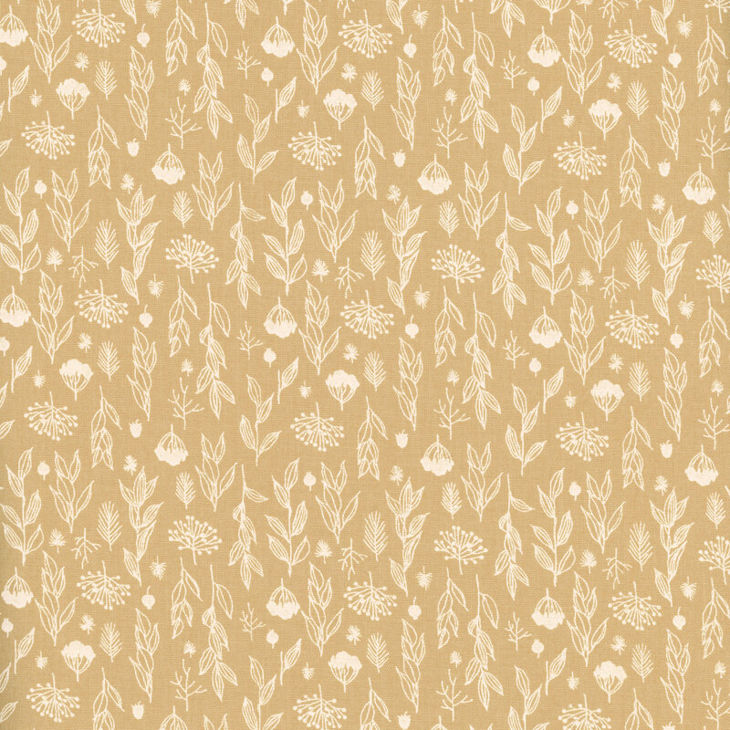 A repeating pattern of white flowers and leaves on a light brown background.