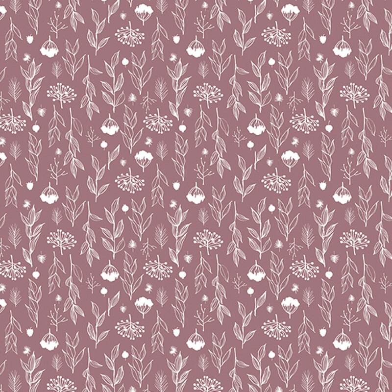 A repeating pattern of white flowers and leaves on a muted pink background.