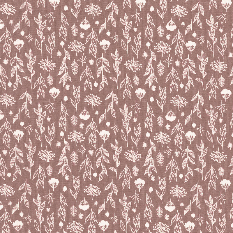 A repeating pattern of white flowers and leaves on a muted pink background.