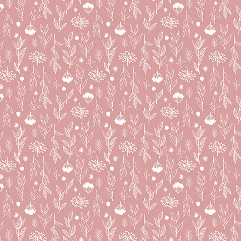 Seamless floral pattern in white on a soft pink background, featuring various flowers and leaves.