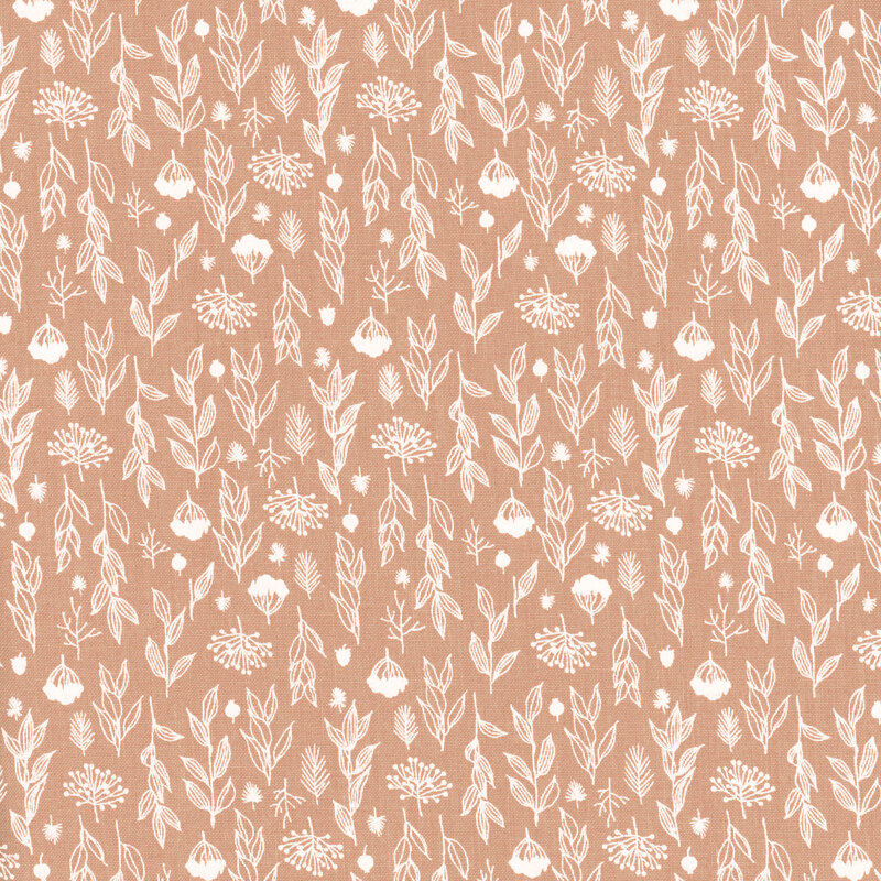 Seamless floral pattern in white on a coral pink background, featuring various flowers and leaves.