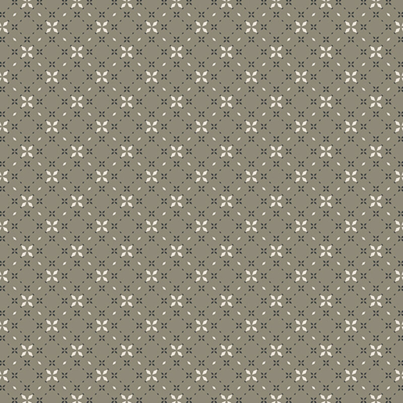 Repeating floral pattern in olive green and cream, featuring small symmetrical shapes.