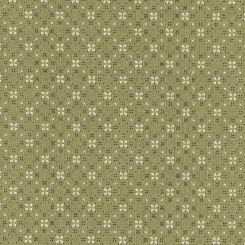 Repeating floral pattern in olive green and cream, featuring small symmetrical shapes.