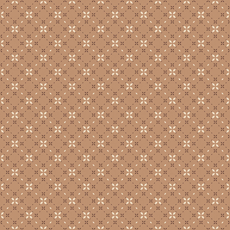 A seamless pattern of small cream floral shapes on a light brown background.