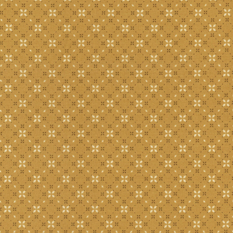 A seamless pattern of small cream floral shapes on a light brown background.