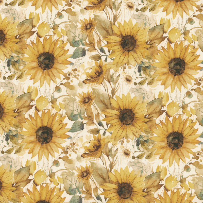 A floral pattern featuring large, watercolor sunflowers in shades of yellow and brown, with green leaves.