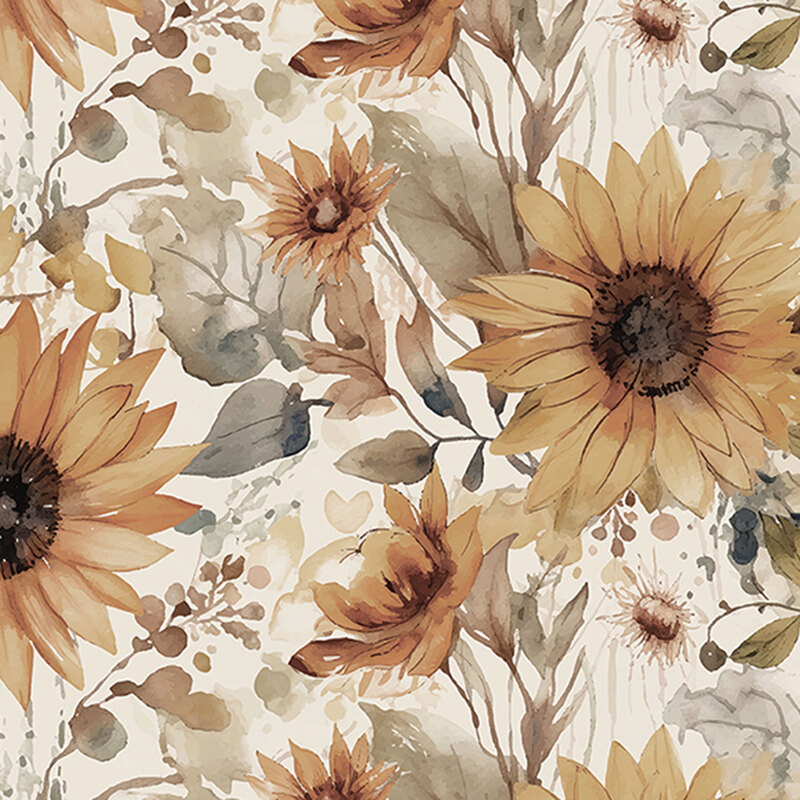 A floral pattern featuring large, watercolor sunflowers in shades of yellow and brown, with green leaves.