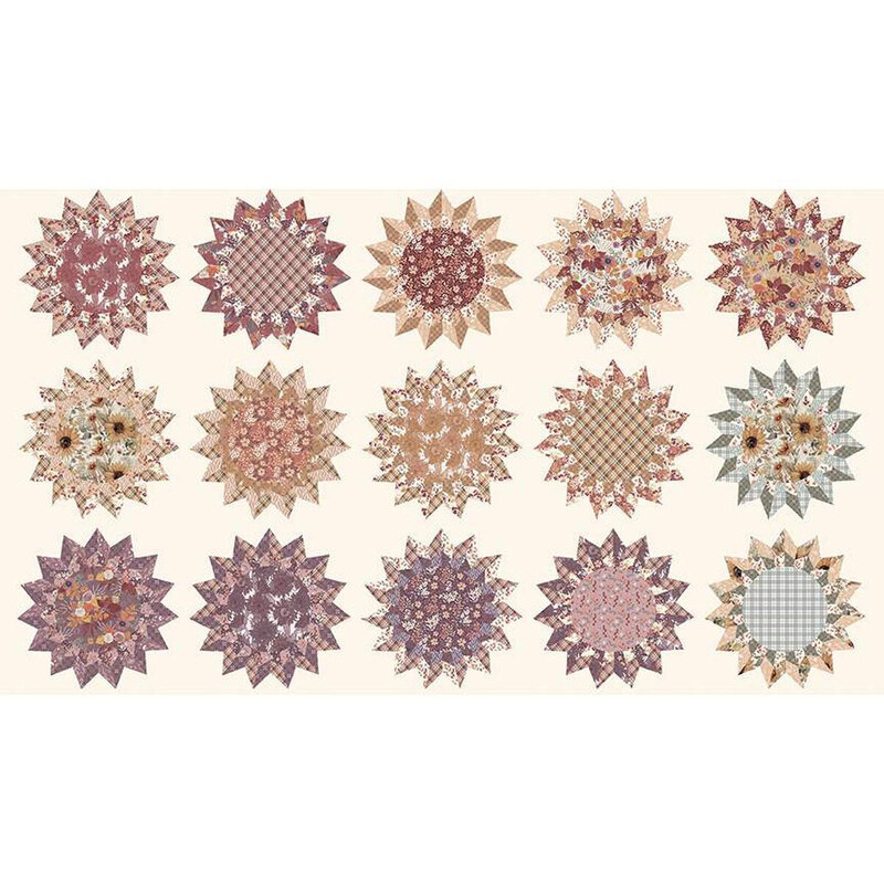 Star-shaped floral patterns in earth tones and soft pastels, arranged in a grid.