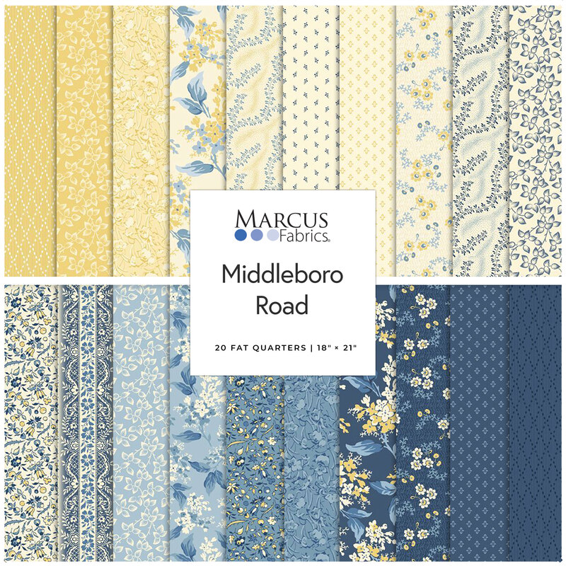 A collage of fabrics in the Middleboro Road FQ Set featuring florals in shades of yellow and blue