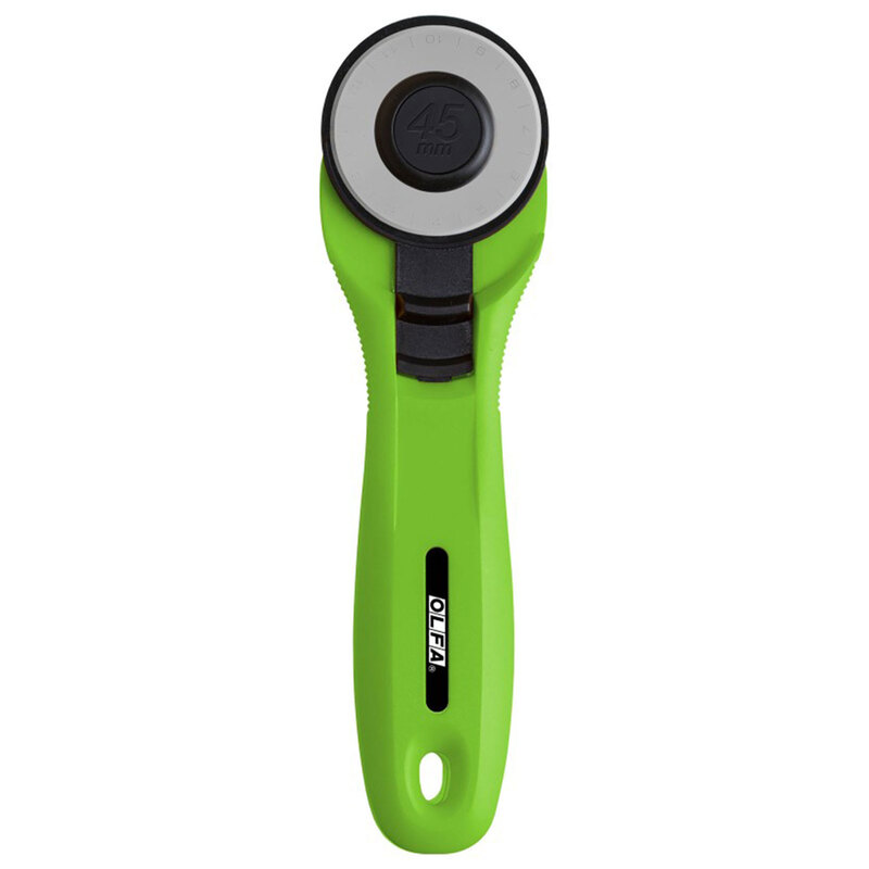 A green rotary cutter with black accents and a metallic blade, designed for crafting and sewing.