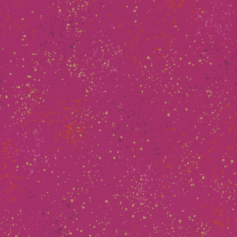 Berry purple fabric featuring varying shades of multicolor and gold metallic speckles throughout.