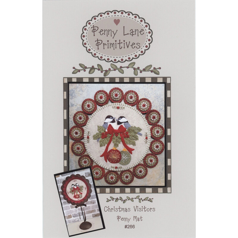 A pattern cover featuring a decorative mat with a pair of chickadees, framed by a penny border.